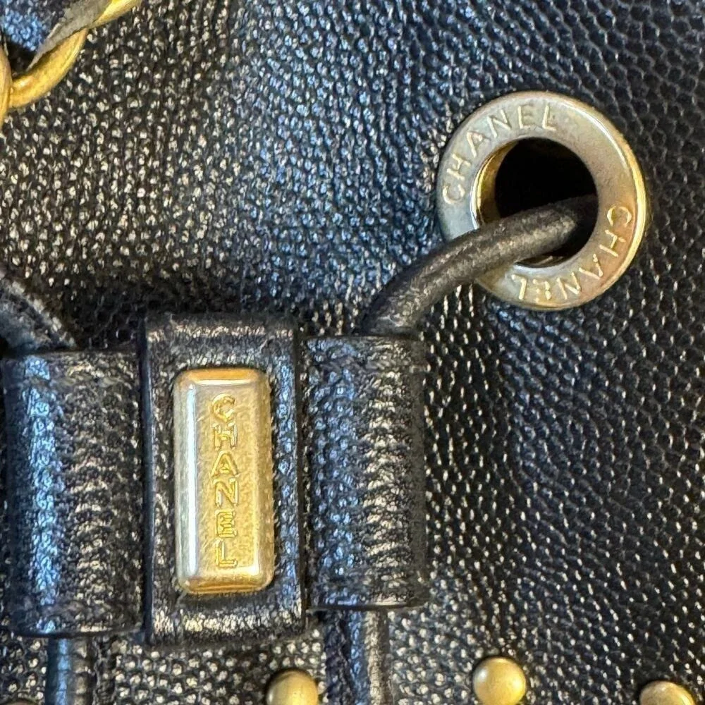 Chanel Paris Black Studded Caviar Leather Bucket Crossbody Bag GHW Authentic CoA
